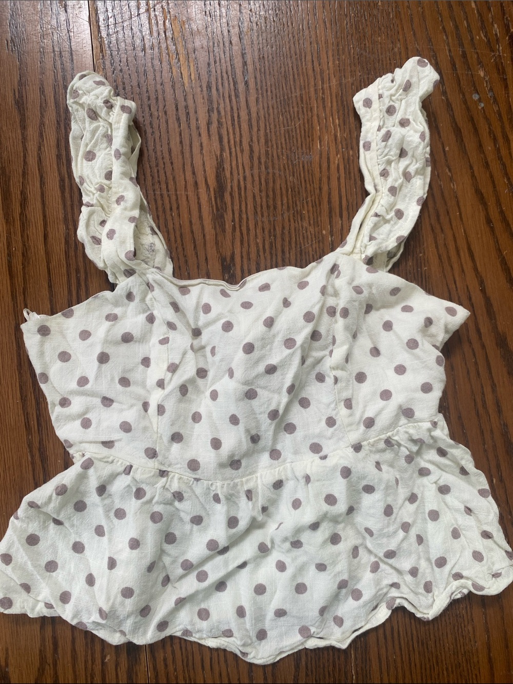Women’s Polka Dot Ruffle Tank Top - White with Brown/ purple dots.